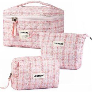 Makeup Bag 3 PCS Quilted Cosmetic Bags for Women, Pink